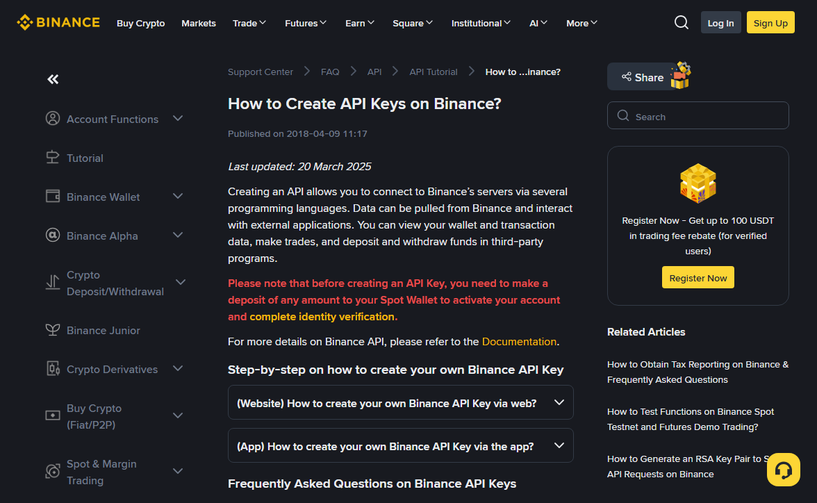 Binance help-centre article titled How to Create API Keys on Binance, showing a last-updated date and a red notice about deposits and identity verification above the frequently asked questions section