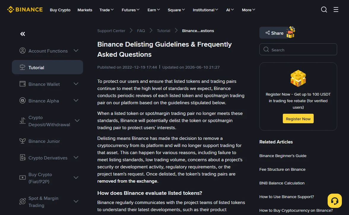 Binance Support Center page titled Binance Delisting Guidelines and Frequently Asked Questions, showing Published on 2022-12-19 and Updated on 2026-06-10 under the heading