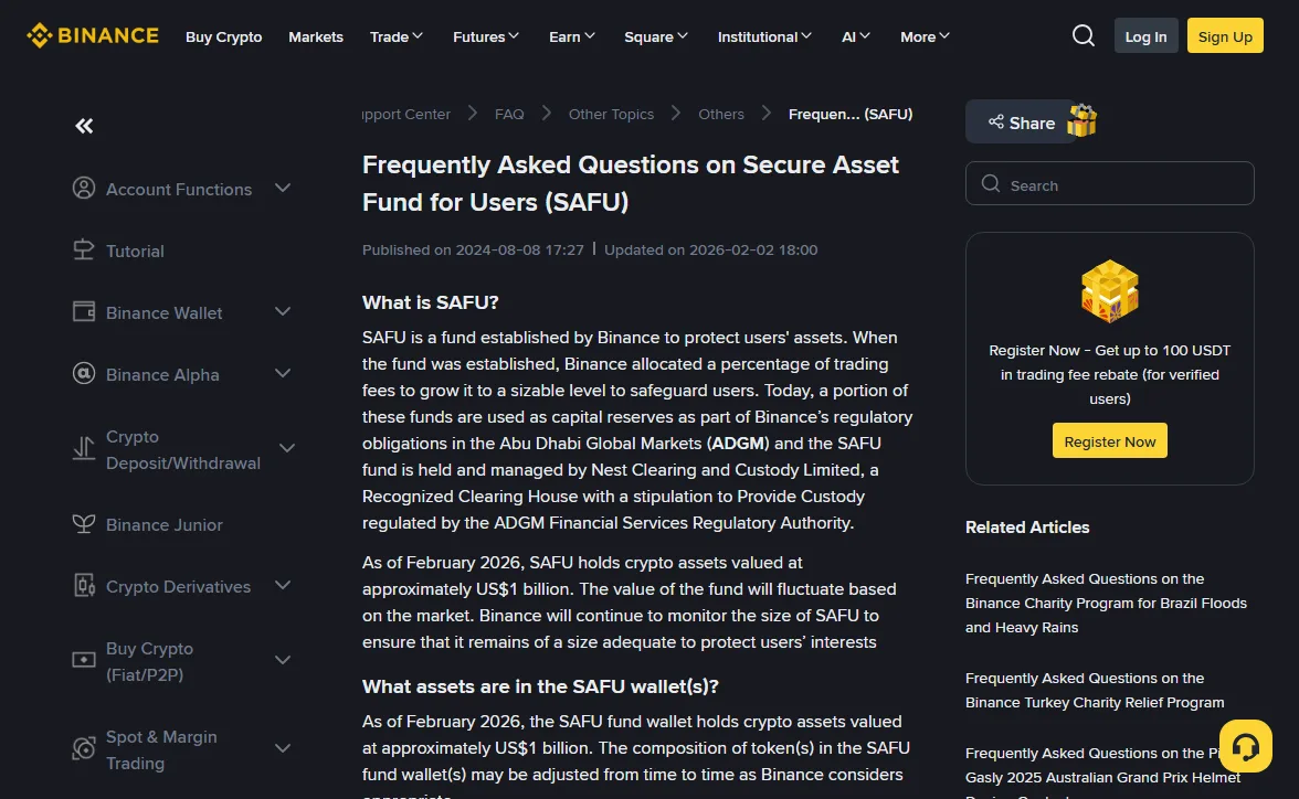Binance help-centre page titled Frequently Asked Questions on Secure Asset Fund for Users (SAFU), showing published and updated dates above the What is SAFU section